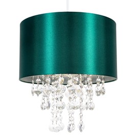 Modern and Eye-Catching Emerald Forest Green Satin Shimmer Fabric Pendant Light Shade with Hanging Transparent Acrylic Droplets | 30cm Diameter by Happy Homewares