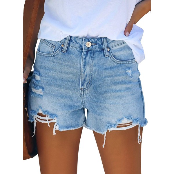 GRAPENT Women's Casual High Waisted Ripped Stretchy Denim Cut Off Hot Short Summer Jean Shorts Light Blue Color Size Large Size 12 Size 14