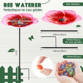Tandefio 1 Pack Bee Feeder with 30 Colorful Glass Marbles Bee Watering Station Vivid Flower Bee Waterer Anti Rust Iron Cup for Bird Butterfly Garden Courtyard Outdoor Decorations (Pink)
