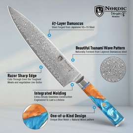 Nordic The New Shogun Series Professional 8-inch Chef Knife, 67-Layer Folded Damascus Super Steel, VG-10 Core, Rockwell 60±2 Hardness, Wood and Resin Handle, Magnetic Sheath.