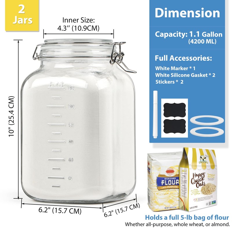 2 Pack 1 Gallon Square Super Wide-Mouth Glass Jars with