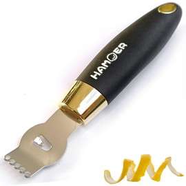 HAMOER Lemon Zester Tool with Channel Knife Citrus Twist Making Tool Ergonomic Curved Handle Gold-Black