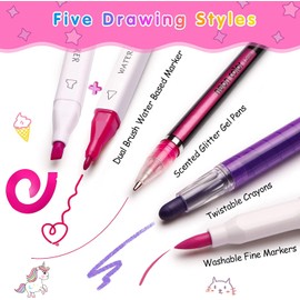 beefunni Unicorn Fruit Scented Washable Markers Set 45 pcs with Glitter Pencil Case, Arts and Crafts for Kids Age 4-6 6-8, Colouring Markers Sets - Unicorn Birthday Gifts for Girls 4 5 6 7 8 Year Old