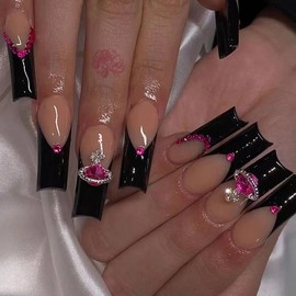 Nail Apparel Valentine's Day Hottie Long Coffin Press on Nails 3D Charm Hot Glitter Rhinestone Heart Pearl Bow Long Ballet Trapezoid Fake Nails 24Pcs (Black French 3D Saturn Rhinestone)