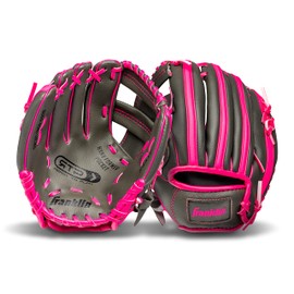 Franklin Sports unisex youth Left Handed Thrower Franklin Sports Kids Baseball Gloves RTP Child s Teeball Glove Ball Set Boys Girls Mitt Set, Graphite/Pink, 9.5 US
