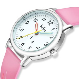 KDM Kids Watch Girls Analogue Watch Luminous Time Teacher Watches for Girls Ages 3-12, Pink Kids Leather Watch Waterproof Quartz Childrens Watch, Kids Gifts