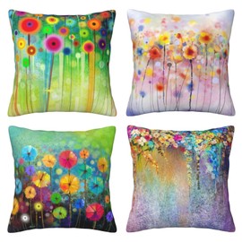 Abstract Floral Pillow Covers 18x18 Set of 4 Colorful Bright Spring Summer Natural Throw Pillow Case Cushion Case Wild Flowers Pillowcases for Room Decoration Farmhouse Couch
