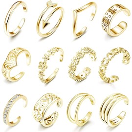 LOYALLOOK Women's Toe Ring, 14K Gold, Popular, 12 Pieces, Open Ring, Rose Gold, Foot Ring, Adjustable, Gift, Jewelry Set, Copper