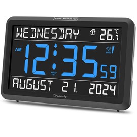 DreamSky Large Digital Clock with Date and Day of Week - Electric Desk Clock for Seniors Elderly, Bedroom Alarm Clock with Battery Backup, Dimmer, USB Port, Auto DST, Temperature, Adjustable Volume