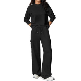 Aleumdr Women 2 Piece Outfits Mock Neck Pullover Tops Wide Leg Sweatpants with Cargo Pockets Airport Travel Outfits 2025 Black X-Large