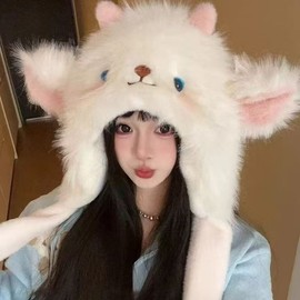 Cute Women's Winter Fur Balaclava Lamb Plush Hat with Moving Ears lf3730 Lamb Hat - Beige [Moving Ears] + Free Size 3ea