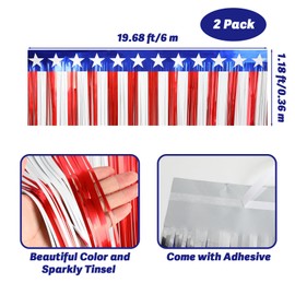 4th of July Foil Fringe Garland, 2Pack 39Ft Red White and Blue Star Tinsel Streamers, 4th of July Decorations Metallic Hanging Backdrop Banner for Parade Floats Memorial Day Patriotic Party Decoration