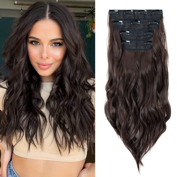 MY-LADY Clip-In Extensions, 4 Pieces, 56 cm Hair Extensions with Clips, Synthetic Hair Extensions, Wavy Curls, Long Hair Extensions, Clip-In Hairpiece for Women, Natural Brown