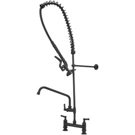 Bathfinesse Commercial Sink Faucet 8 Inch Deck Mount 43" Height with 12" Spout Two Handle Coiled Spring Pull Down Spray Pre Rinse Kitchen Faucet with High Pressure Spray Valve, Black