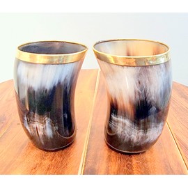 BRASSLICIOUS Viking Small Glass Set Drinking Horn Glass Natural Horn Whisky small Cups Vikings Drink Glass and Game of Fan's Pair of Shot Glasses