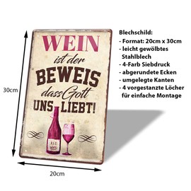 Tin Sign "Wein ist der Beweis dass Gott uns liebt" - Metal Sign with Funny Saying for Wine Connoisseurs - Side Dish for Wine Gift Set - Decoration for Wine Cellar, Wine Bar, Wine Arbour - Wine Taster