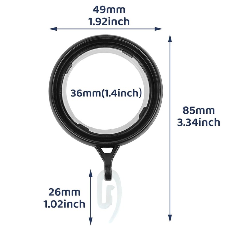 40 Pack Curtain Rings and Hooks, Black 36mm Hanging Rings