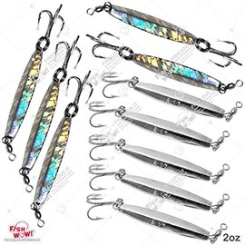Fish WOW! 10pcs 2oz Diamond Jig Chrome jigs + Mylar Holographic Laser jigs with a Treble Hook