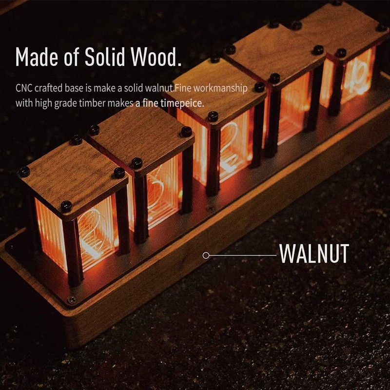 Adventurers Nixie Tube Clock,Walnut Wood RGB Digital Clock,Retro Modern Desktop