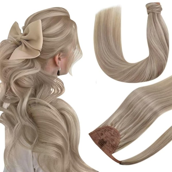 Hetto Braid Extensions, Real Hair Remy Ponytail Real Hair Extensions, Natural Pony Black Extensions, Highlighted Ash Blonde Mix Medium Blonde p17/23 30 cm 70 g