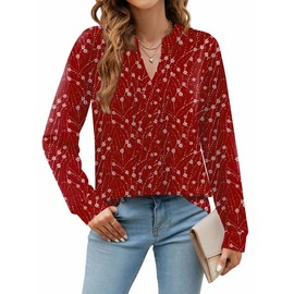 Zeagoo Women Tunic Tops Loose Fit Dressy Fall Shirts Henley Pleated V Neck Long Sleeve Blouse Workout Flowy 2025 Graphic Floral Winter Shirts Formal T Shirts Plus Red White