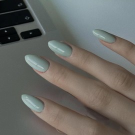 MERVF Medium Press on Nails Almond Fake Nails Press ons Mint Blue Glue on Nails with Solid Color Design Stiletto Classic Summer Acrylic False Nails Glossy 24pcs