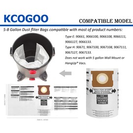 Vacuum bags for Shop vac 5-8 Gallon: Type E 90661 9066100 9066133, Type H 90671 9067133 VF2004 disposable collection wet dry filter bags - 10pack