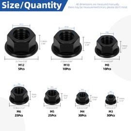 Glarks 135pcs Black Nylon Flange Nuts M3 M4 M5 M6 M8 M10 M12 Nylon Hex Flange Nuts Flange Nylon Insert Lock Nuts Flanged Locknuts Hexagon Head Flange Nuts Hex for Industrial Construction Fasteners