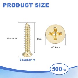 sourcing map 500Pcs ST2x12mm Pan Head Self Tapping Screws, Galvanized Carbon Steel Self Drilling Screws for Metal Sheet Metal Screw, Gold