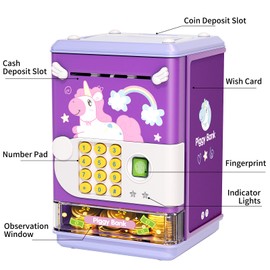 Piggy Bank Toy Electronic Mini ATM Savings Machine with Personal Password & Fingerprint Unlocking Simulation - Music Box with Songs for Kids, Boys and Girls Age 3-8 Years (Purple)