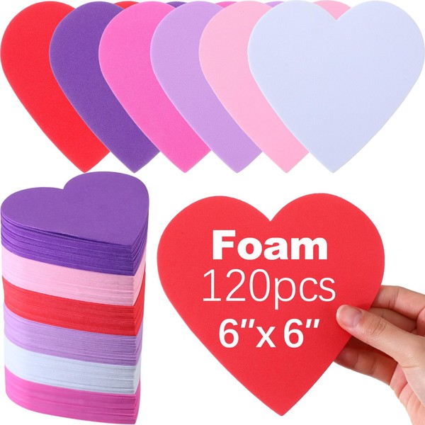Tatuo 120 Pcs 6 Inch Valentines Day Foam Hearts Large Foam Heart Shapes Foam Heart Cutouts for Valentines Day DIY Crafting Favor Kid Activity Teacher Supplies(Multicolor)