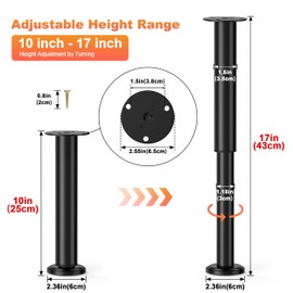 Wlrrcwdttc 4 Pcs Adjustable Bed Center Support Legs 10-17 inch for Bed Frame/Bed Center Slat, Metal Adjustable Furniture Legs for Bed/Cabinet/Sofa/Dresser/Couch/Table, Heavy Duty Bed Replacement Legs