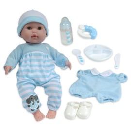 15" Realistic Soft Body Baby Doll with Open/Close Eyes | JC Toys - Berenguer Boutique | 10 Piece Gift Set with Bottle, Rattle, Pacifier & Accessories | Blue | Ages 2+