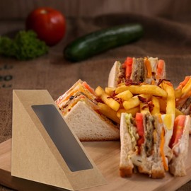 Yardwe 50pcs Triangle Sandwich Boxes with Window Kraft Paper Sandwich Wedge Box Food Packaging Takeaway Boxes for Bakery Dessert Dessert