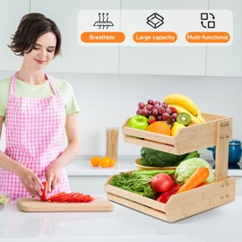 KISENG Bamboo 2 Tier Fruit Basket for Kitchen Counter, Large Fruit Vegetable Basket Storage, with 2 Banana Hangers, Countertop Fruit Holder for Produce Bread Onion Storage Snack Organizer, Natural