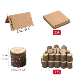 ZHTLTHZ Pack of 25 Wooden Card Holders 3.2 x 3.2 cm + 25 Kraft Paper, Menu Card Holder, Place Card Holder for Drinks Cards - for Weddings, Christenings, Christmas, Birthdays