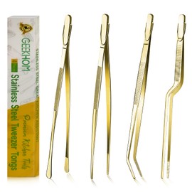 GEEKHOM Tweezer Tongs for Cooking, [4 Pack] 12-inch Fine Long Food Tongs, Stainless Steel Kitchen Tweezers, Professional Chef Tongs for BBQ, Baking, Roasting, Dessert Decoration, Steak, Salad, Gold