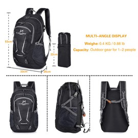 Loocower 45L Lightweight Foldable Backpack Walking Rucksack Hiking Daypack Packable Camping Travel Outdoor Sport Knapsack for Men Women - Black