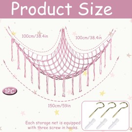 Teddy Hammock Toy Storage Net, Toy Hammock for Stuffed Animals, Boho Style Teddy Storage, Nursery Hanging Organizer, Accessories for Kids Room, Nursery Preppy Room and Girls Bedroom (Pink)