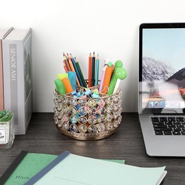 SUMNACON Metal 360 Degree Rotating Desk Organizer Holder with Crystal Beads, Decorative Round Stationery Storage Makeup Brush Holder for Remote Control Pencil Art Supply Glasses (Gold)