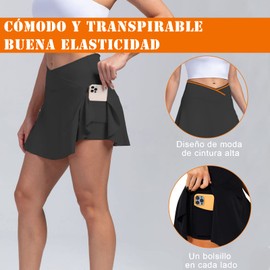 SIUSIO Falda Deportiva para Mujer,Falda de Tenis para Mujer para Correr con Pantalones Cortos,Faldas de Golf Atléticas de Cintura Alta con Bolsillos (MX/US, Alfa, Chico, Regular, Regular, Negro)