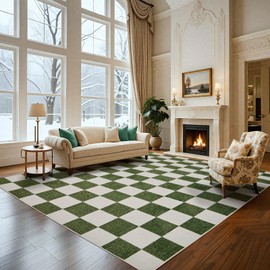 Washable Rug 5x7 Checkered Rug, Green and White Area Rug, Boho Large Rugs for Living Room, Low Pile Lightweight Indoor Carpet with Non-Slip Backing for Bedroom Classroom Playroom Kids