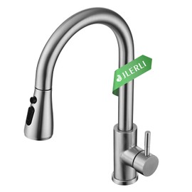 Jlerli Kitchen Faucet with Pull Down Sprayer, High Arc Brushed Nickel Single Handle Kitchen Sink Faucet, Stainless Steel, 3 Mode(Stream/Spray/Pause), 360° Swivel, Grifos para Fregaderos de Cocina