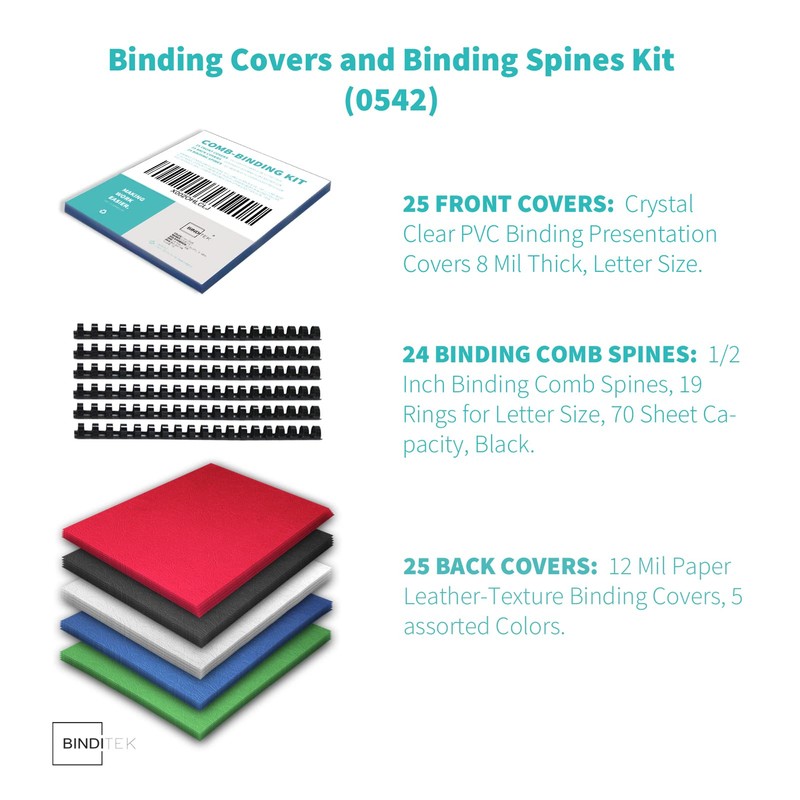 Binditek 74 Pack Binding Covers and Combs kit, Includes 25