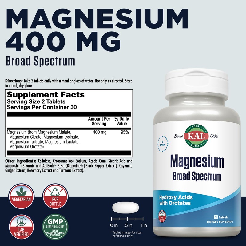 KAL Magnesium 400 mg Broad Spectrum Supplement - Chelated Magnesium