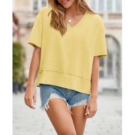 Cicy Bell Womens Summer V Neck T Shirts Casual Short Sleeve Flowy Tops Cute Loose Fit Basic Tees Light Yellow