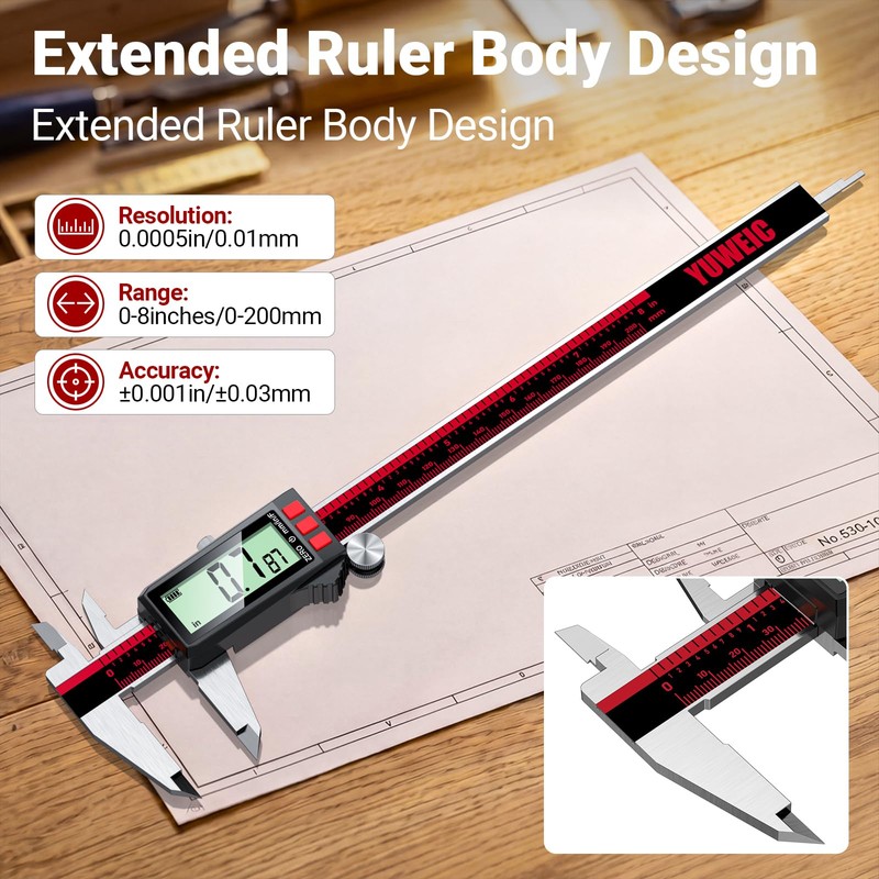 YUWEIC Digital Caliper 8 Inch, Rechargeable Calipers with LCD Screen,