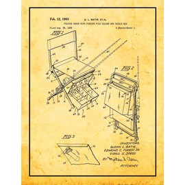 Folding Chair With Fishing Pole Holder and Tackle Box Patent Print Golden Look with Border (8" x 10") M15579