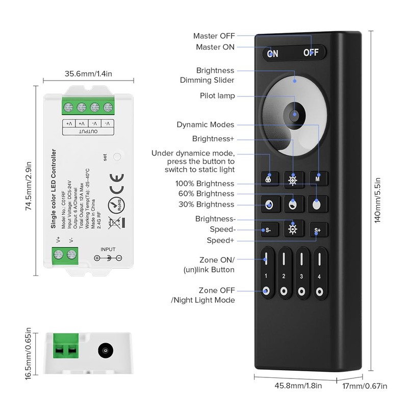 BTF-LIGHTING 5050SMD FCOB COB Dimming RF 2.4GHz Wireless Remote Control