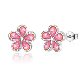 Sterling Silver Stud Earrings for Women Grils, Silver Pink Opal Flower Stud Earrings Hypoallergenic Jewelry Gifts for Birthday Wedding, 10mm